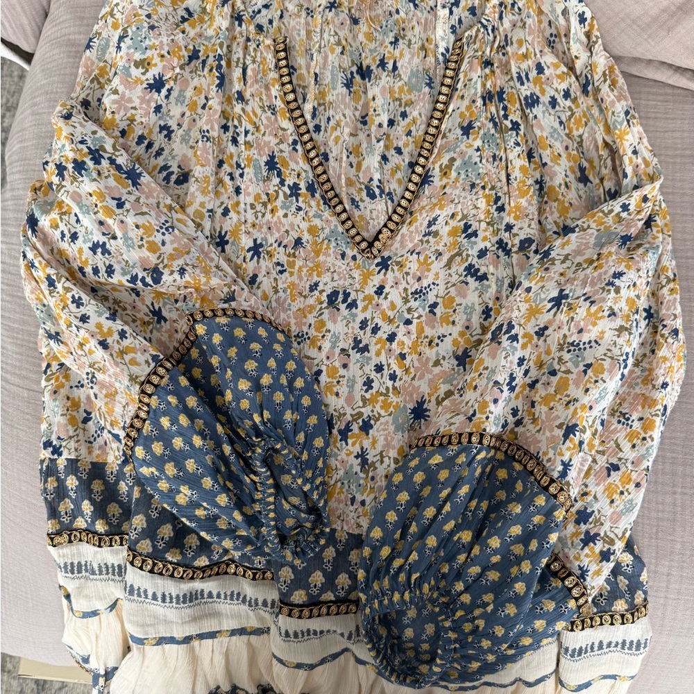 Floral V-Neck Blouse with Blue Accents